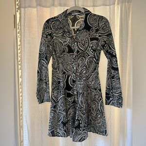 Zara Black and White Paisley Button-Front Long-Sleeve Dress